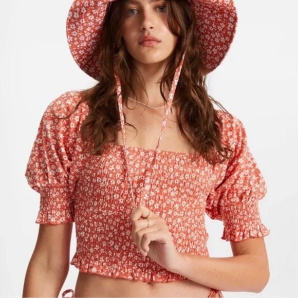 Billabong Tops - Billabong Orange Smocked Floral Crop Top Tube Top - S